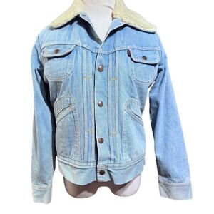 Vtg L.Y. Denim Sherpa Lined Trucker Jacket Light Wash Blue Small Western 70s